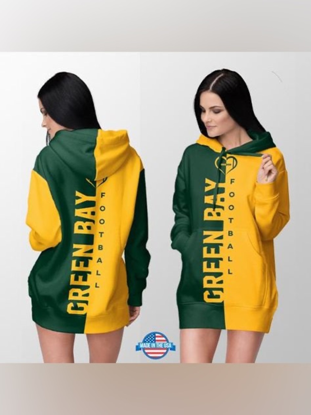 (B5) Green Bay Football Two-Toned Colorblock Hoodie Dress‎ | 4XL Plus Size |